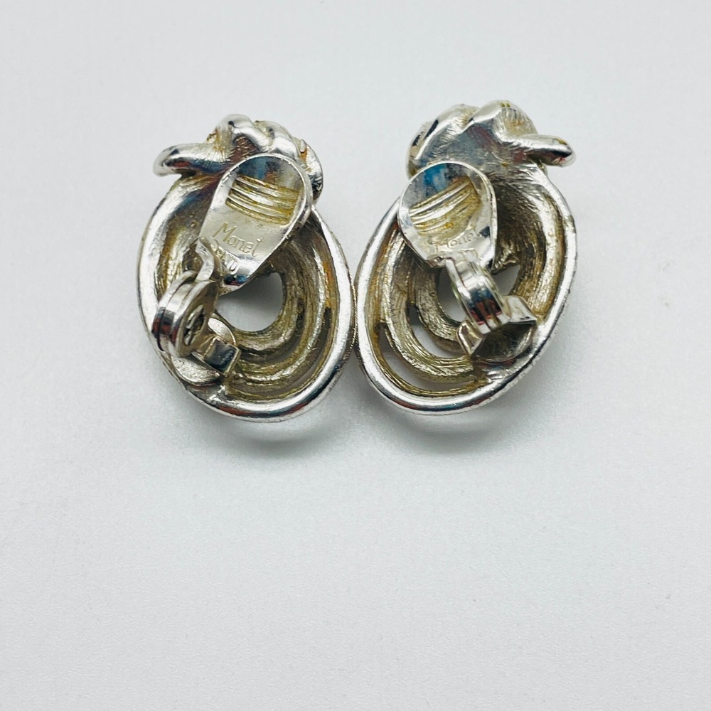 Monet Clip On Earrings Silver Tone Swirl Knot Textured Vintage Signed Classic - Picture 2 of 6